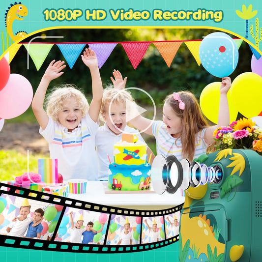 Kids Instant Print Camera with 16X Digital Zoom, 1080P HD Video Recording, 12MP Lens, Includes 3 Rolls of Printing Paper and 32GB Card, Ideal Gift for Ages 3-12 (Green)