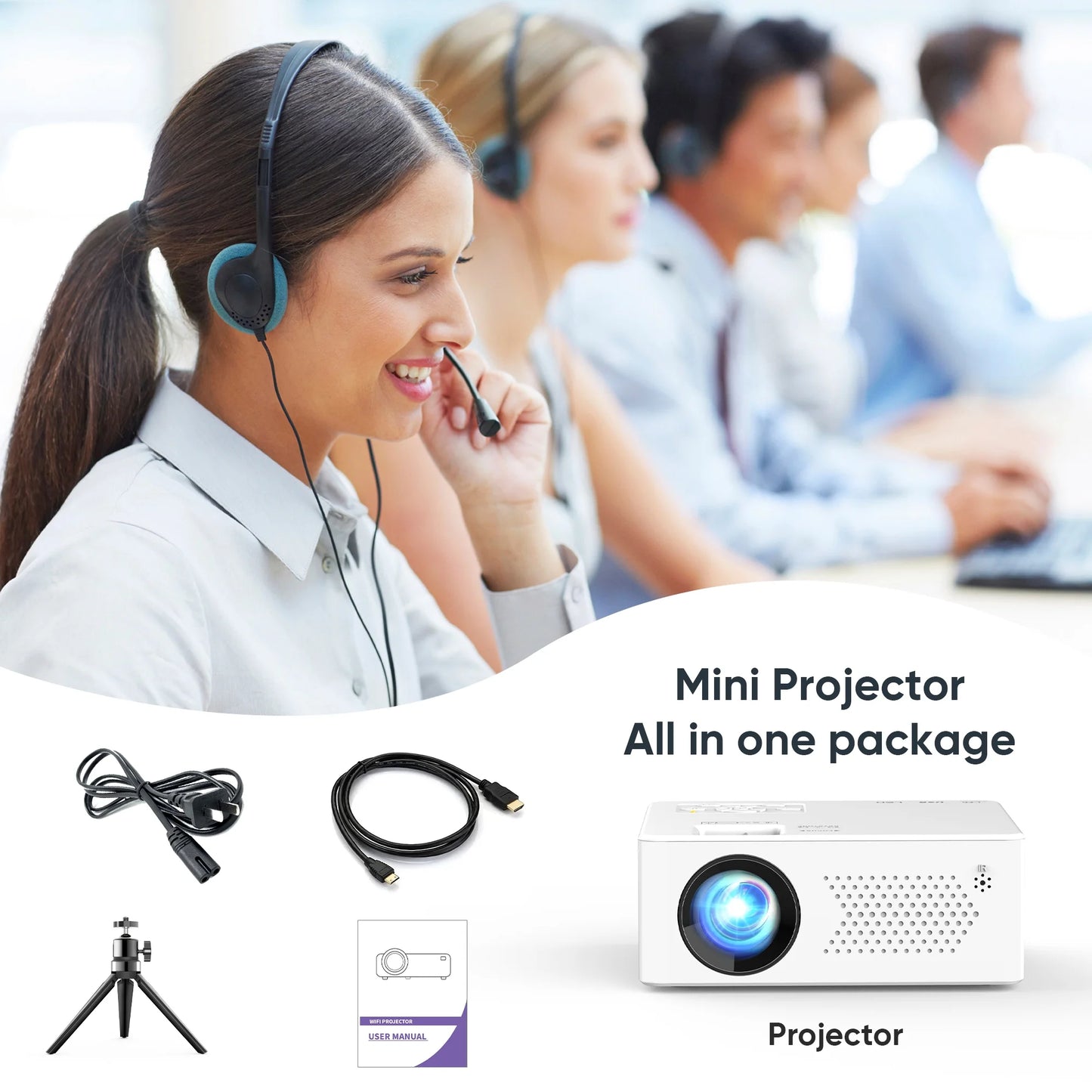 Mini Bluetooth Projector with Tripod, 9500LM Full HD 1080P Portable Home Theater Projector ,Support 250"Display