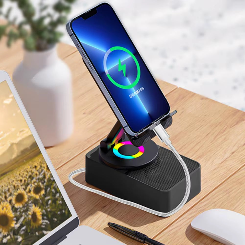 Bluetooth-Compatible Audio Power Phone Holder and Rotating Phone Stand with Wireless Speaker Foldable Adjustable 