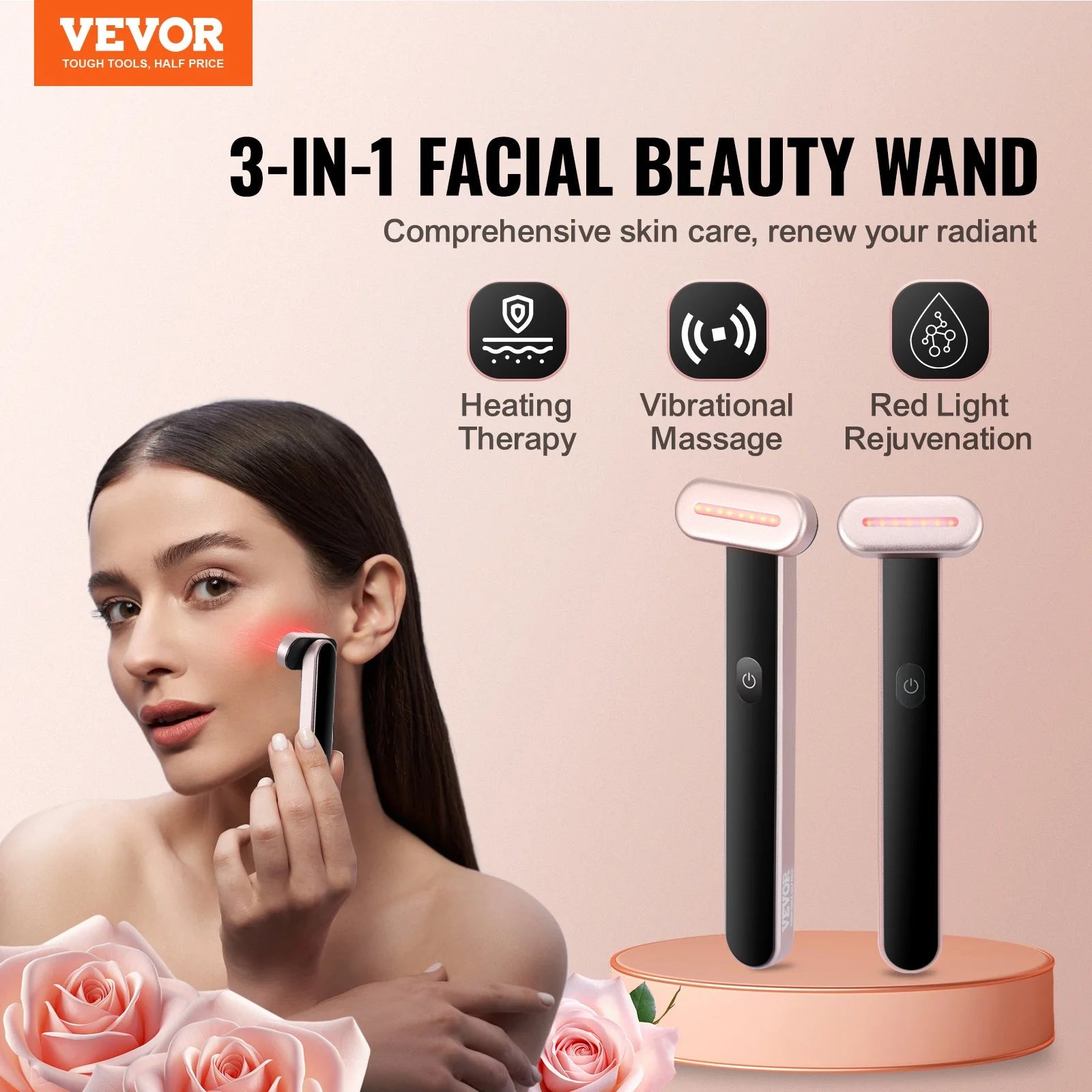 VEVOR 3-in-1 LED Red Light Therapy Wand for Facial and Neck Treatment with Heating and Vibrating Massage, Portable Beauty Device