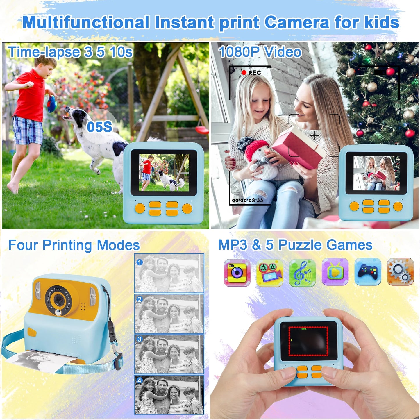 Instant Print Blue Digital Kids Camera 1080P Rechargeable HD Digital Toy Cameras Gift with 32G SD Card for Age 3-12