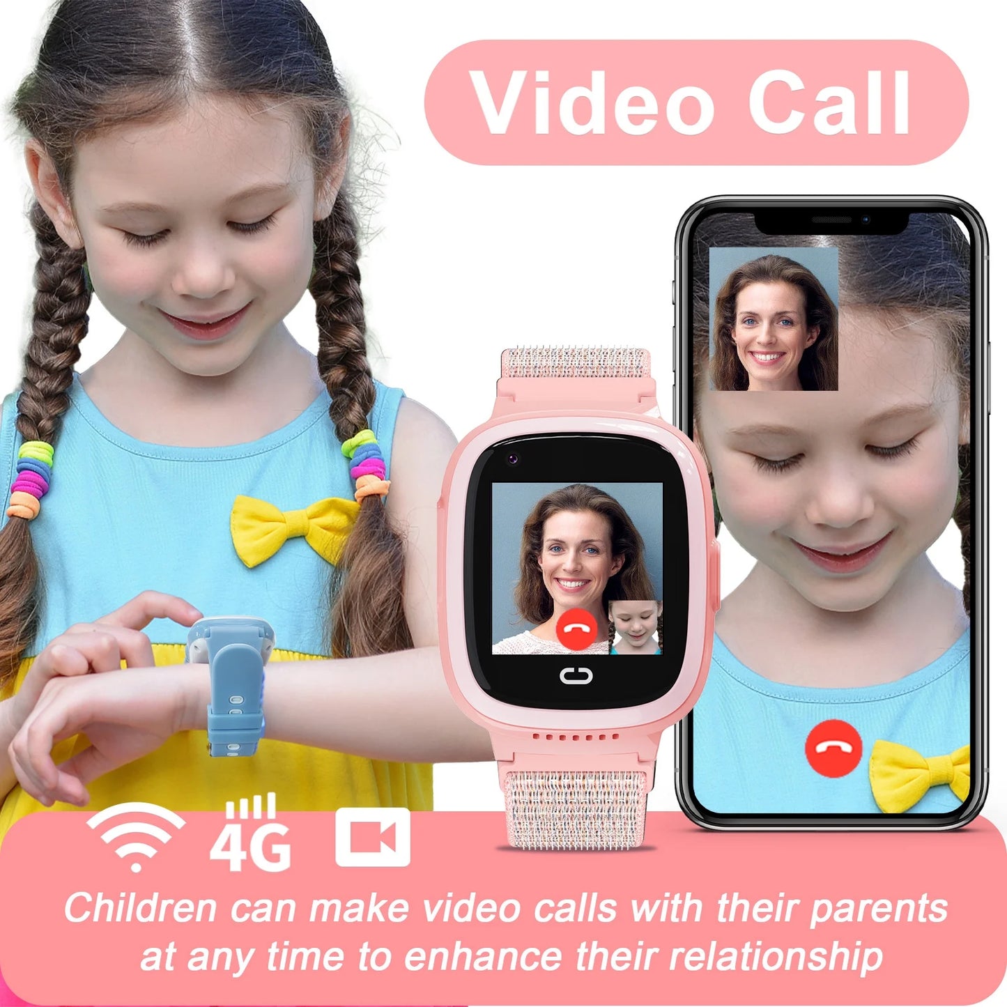 Pink Smartwatch for Kids with GPS 4G HD Touchscreen Watch with Phone GPS Tracker Real-Time Location SOS Video Call Voice Chat Camera for Boys Girls Gift Pink