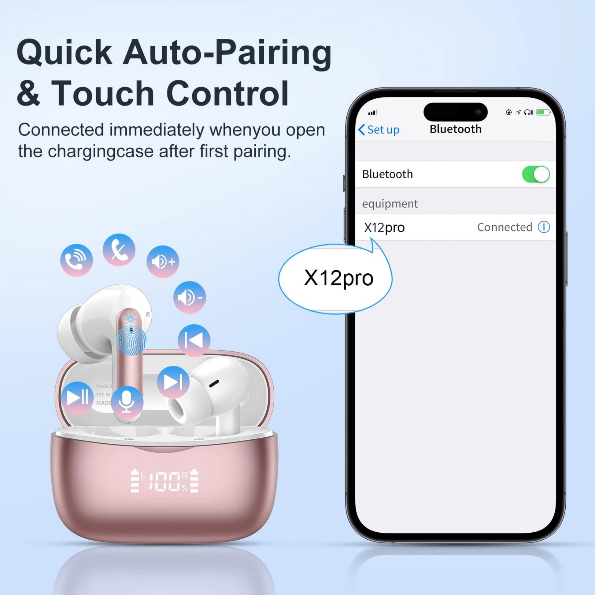 Wireless Earbuds Bluetooth Noise Cancelling for Iphone Android Sports Workout, 56H Playtime Waterproof LED Display in Ear Headphones, Pink