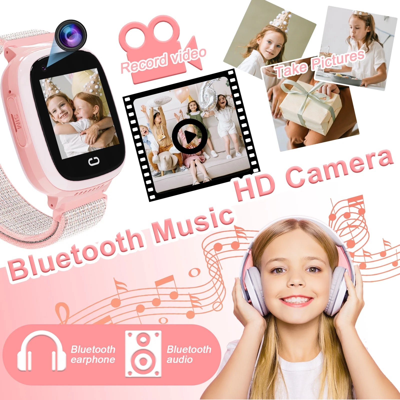 Pink Smartwatch for Kids with GPS 4G HD Touchscreen Watch with Phone GPS Tracker Real-Time Location SOS Video Call Voice Chat Camera for Boys Girls Gift Pink