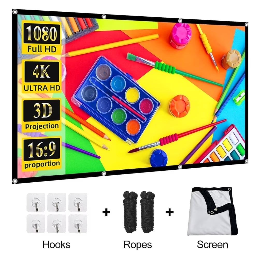 Portable Projector Screen 100 Inch 16:9 Outdoor/Indoor Wrinkle-Free 4K HD Wall-Mounted Backyard Movie Night Camping Office Presentation
