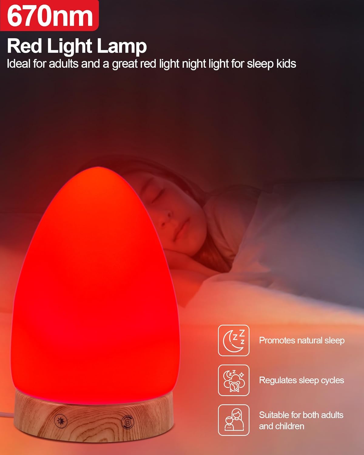 Red Light Night Lamp for Sleep with 670Nm Wavelength Multi-Color and Brightness Options Remote Control USB Charging Elegant Design