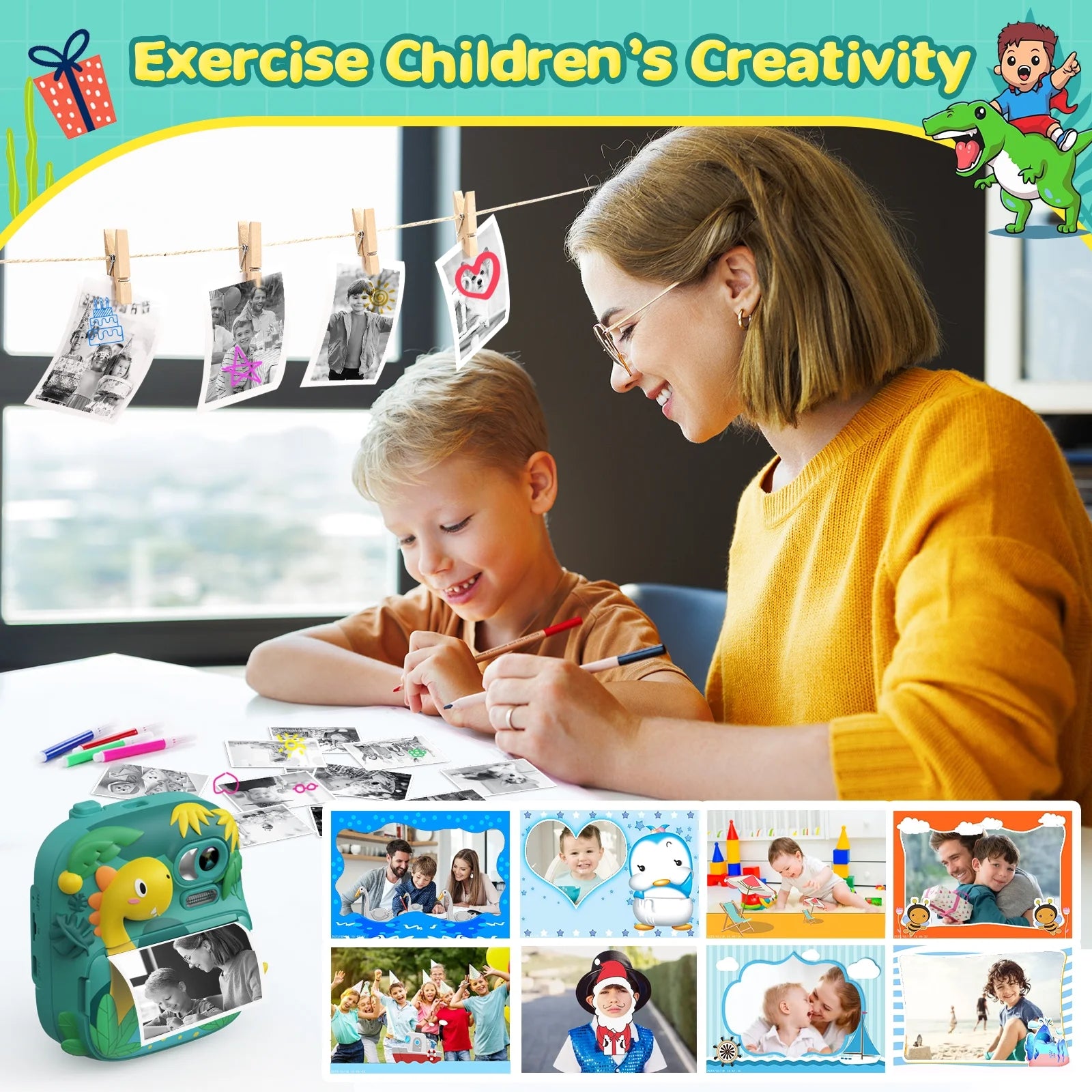 Kids Instant Print Camera with 16X Digital Zoom, 1080P HD Video Recording, 12MP Lens, Includes 3 Rolls of Printing Paper and 32GB Card, Ideal Gift for Ages 3-12 (Green)