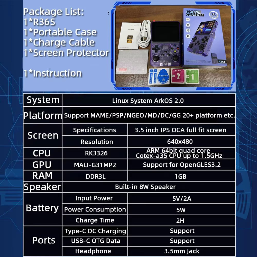 Retro Game Console Handheld Video Arkos 2.0 System 3.5 Inch Single Card Portable Pocket Video Player 64GB 128GB 20000 Games