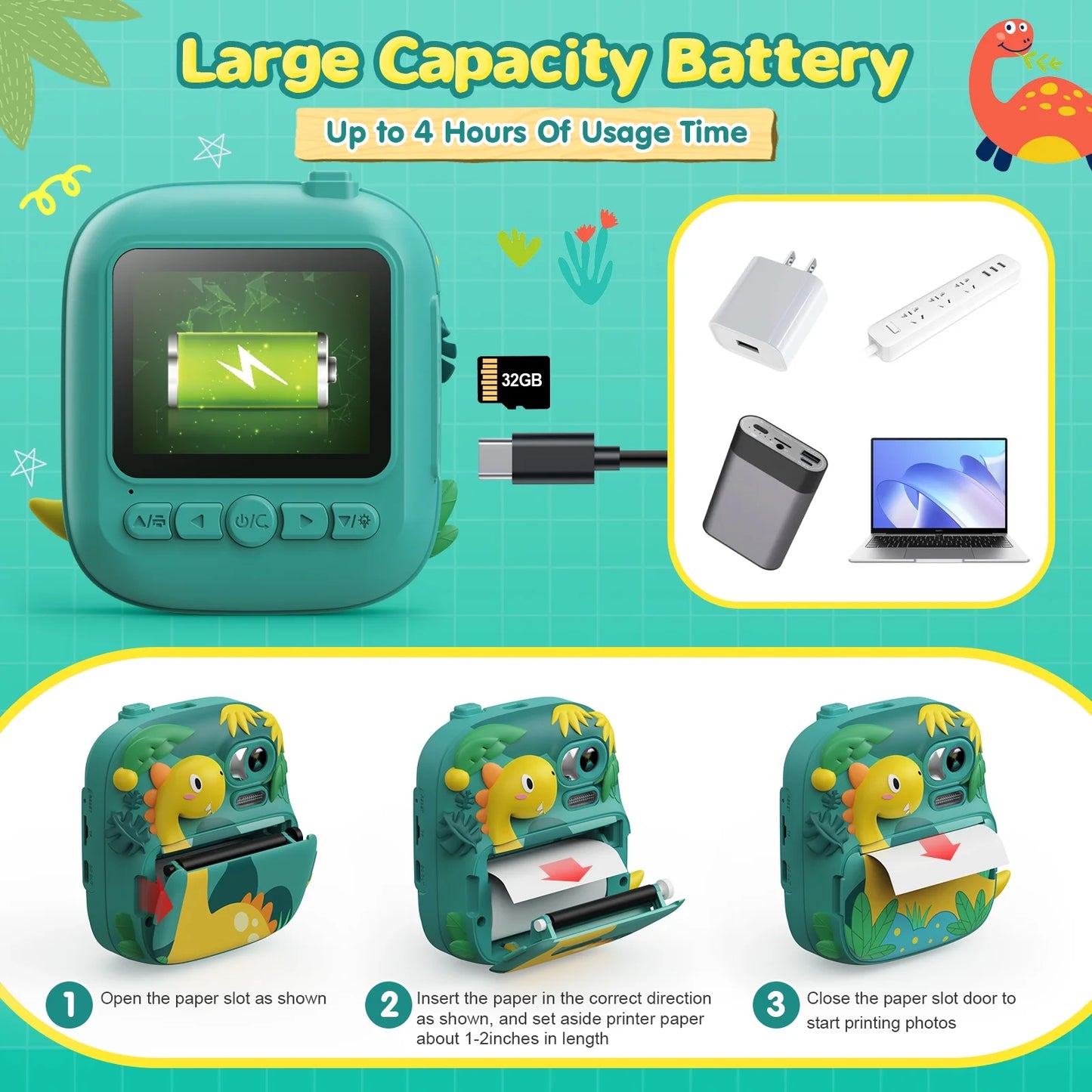 Kids Instant Print Camera with 16X Digital Zoom, 1080P HD Video Recording, 12MP Lens, Includes 3 Rolls of Printing Paper and 32GB Card, Ideal Gift for Ages 3-12 (Green)