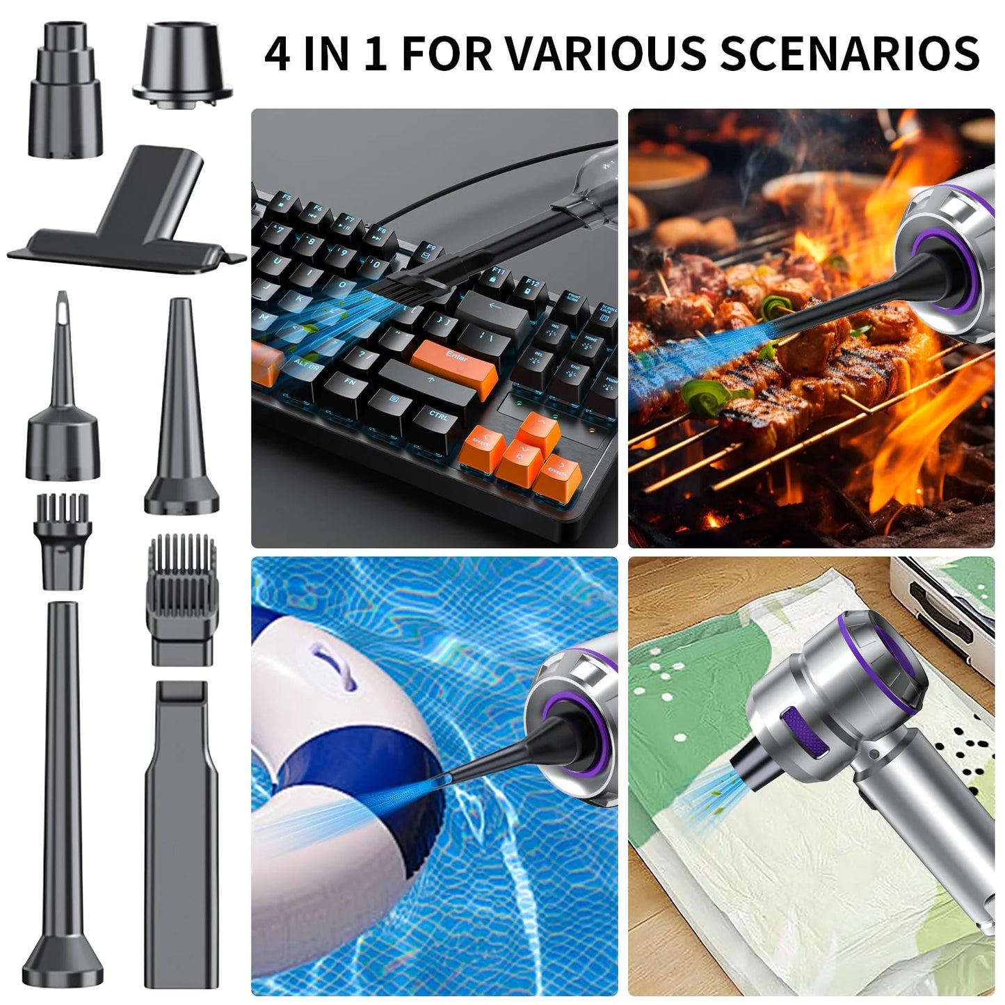 Portable High Power Car Vacuum Cleaner, 22000PA 4 in 1 Compressed Air Duster & Air Blower & Pump Hand Held Vacuum Cordless with Brushless Motor for Cars Home Office