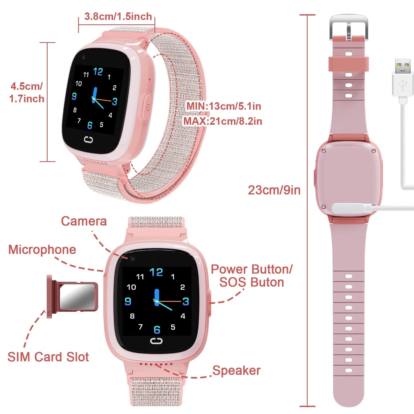 Pink Smartwatch for Kids with GPS 4G HD Touchscreen Watch with Phone GPS Tracker Real-Time Location SOS Video Call Voice Chat Camera for Boys Girls Gift Pink