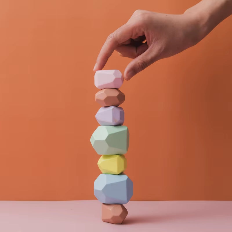 Children Wooden Block Stacking Toy Colored Stones Montessori Toy Baby Pre-School Educational Game Infait Stacking Block Toy Gift