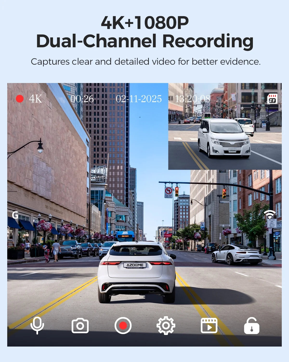 4K +1080P Dash Cam Front and Rear for cars, With Built-In Wifi G-Sensor, ADAS, App Control, 24H Parking Mode, Waterproof Backup Camera, 64GB Card Included