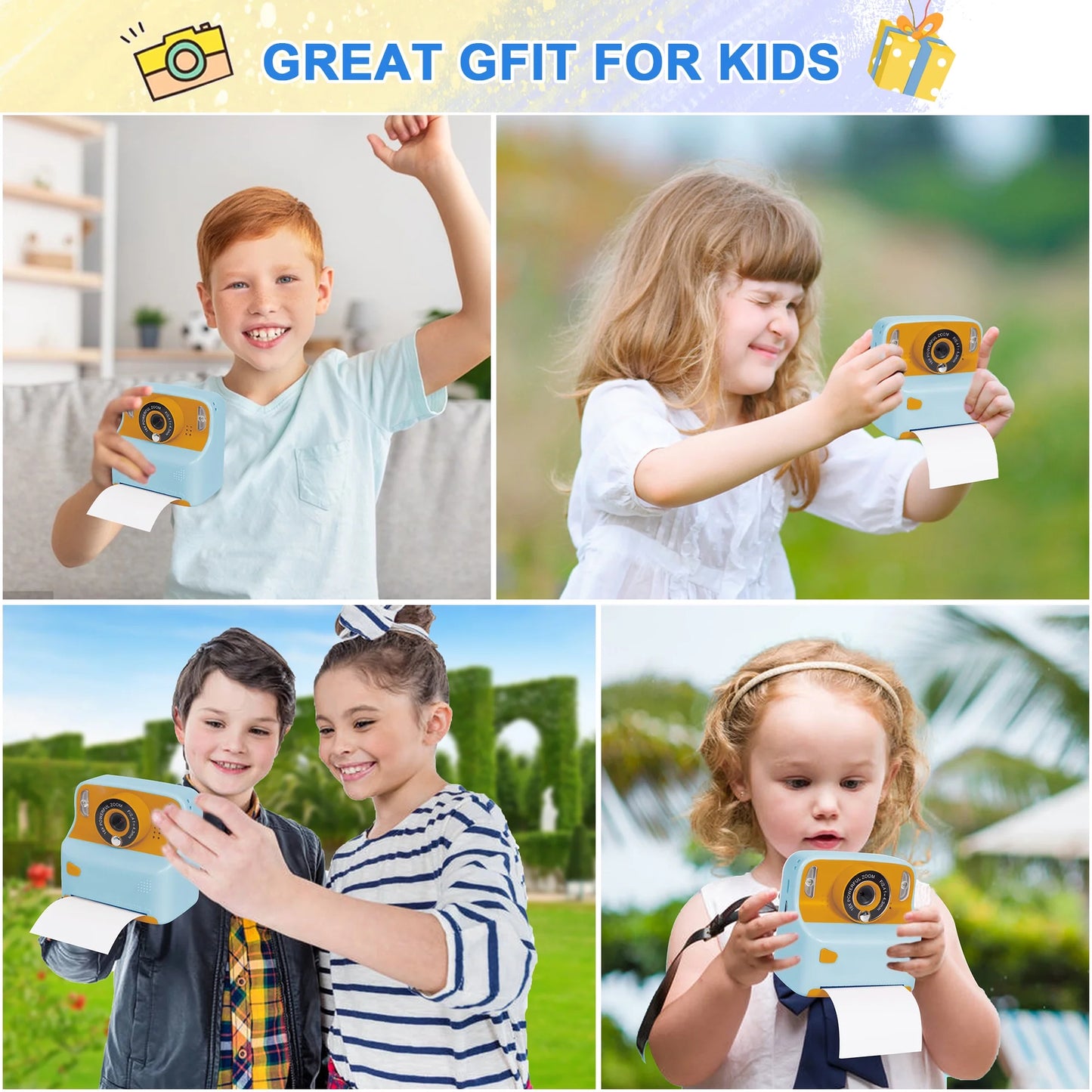 Instant Print Blue Digital Kids Camera 1080P Rechargeable HD Digital Toy Cameras Gift with 32G SD Card for Age 3-12