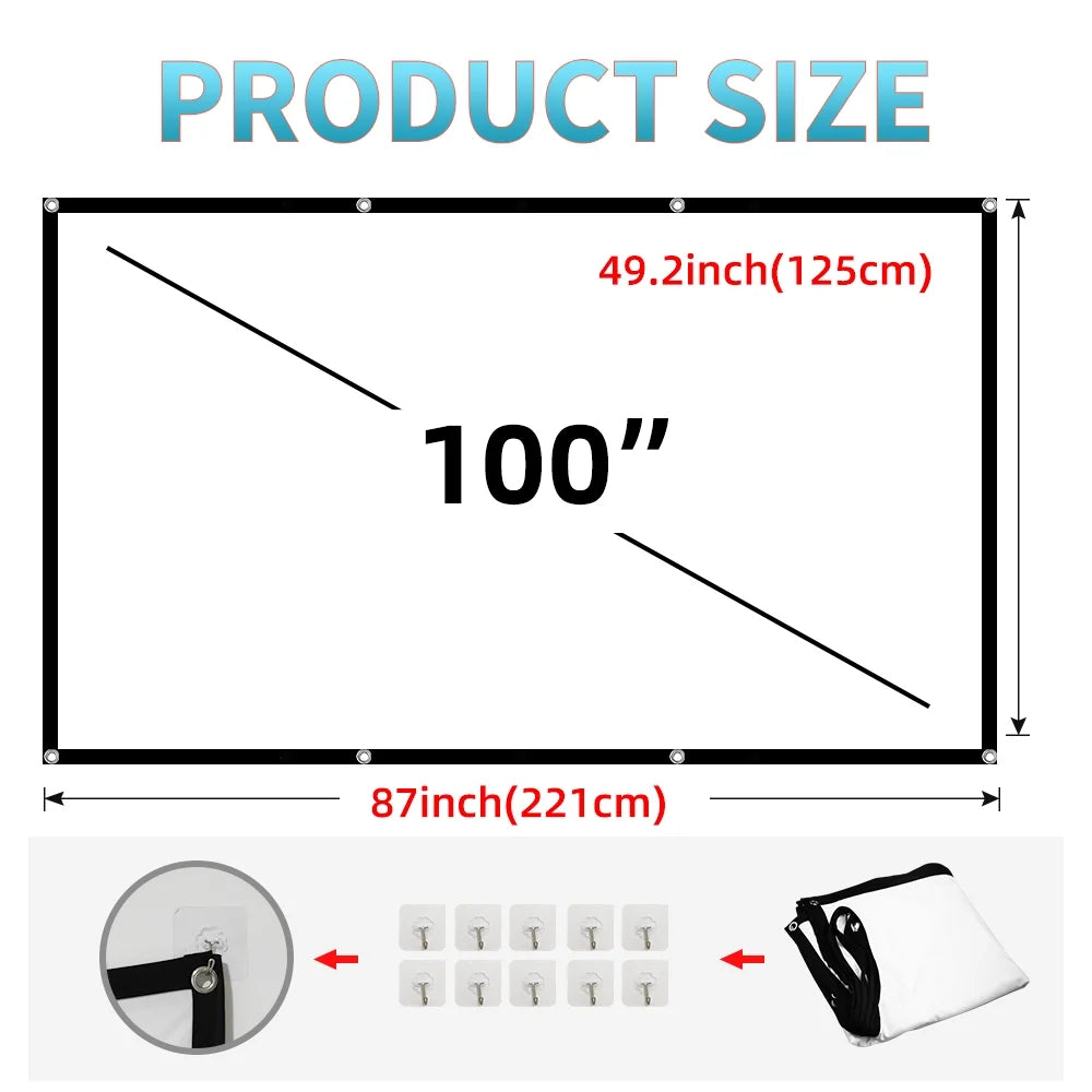 Portable Projector Screen 100 Inch 16:9 Outdoor/Indoor Wrinkle-Free 4K HD Wall-Mounted Backyard Movie Night Camping Office Presentation