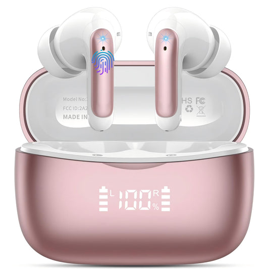 Wireless Earbuds Bluetooth Noise Cancelling for Iphone Android Sports Workout, 56H Playtime Waterproof LED Display in Ear Headphones, Pink