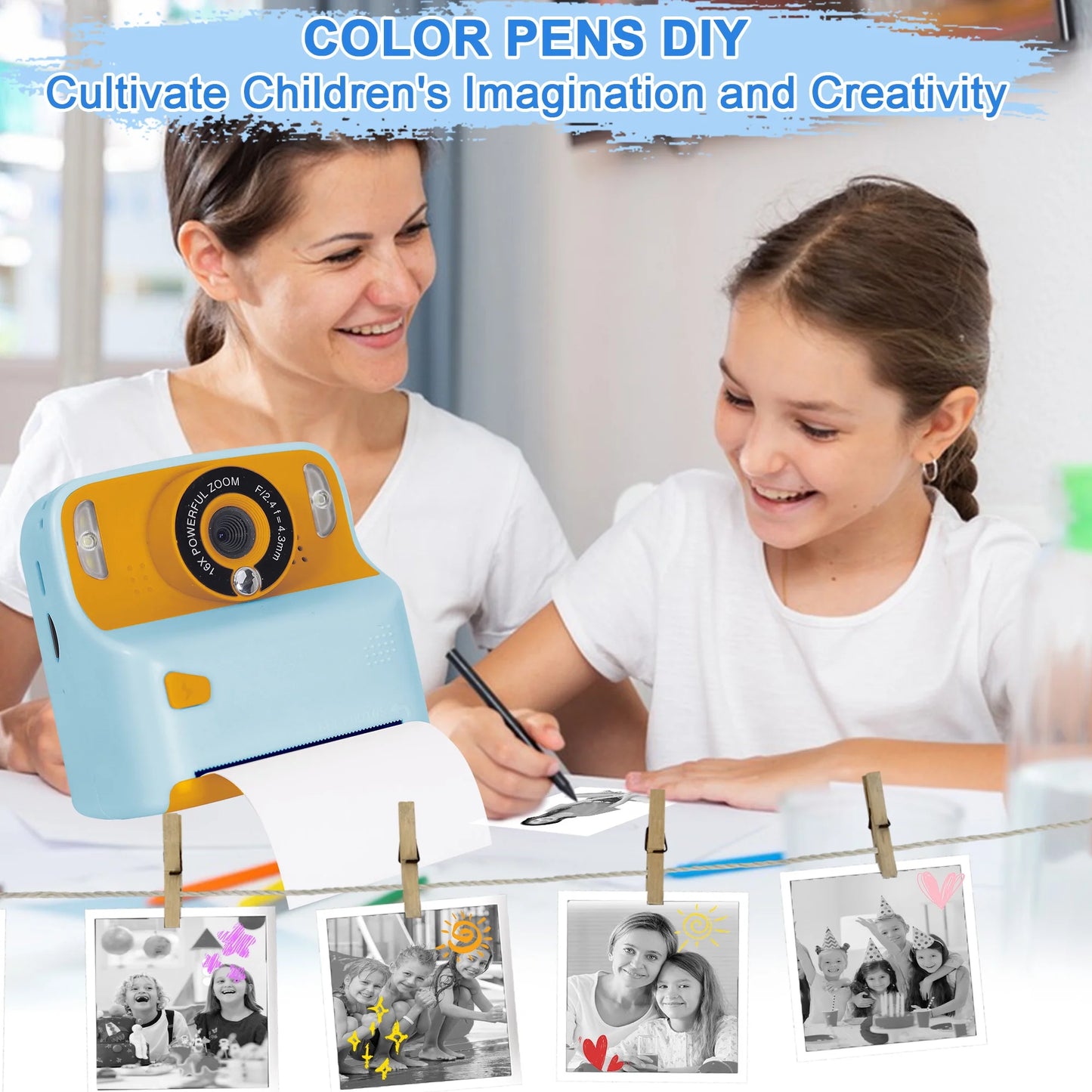 Instant Print Blue Digital Kids Camera 1080P Rechargeable HD Digital Toy Cameras Gift with 32G SD Card for Age 3-12